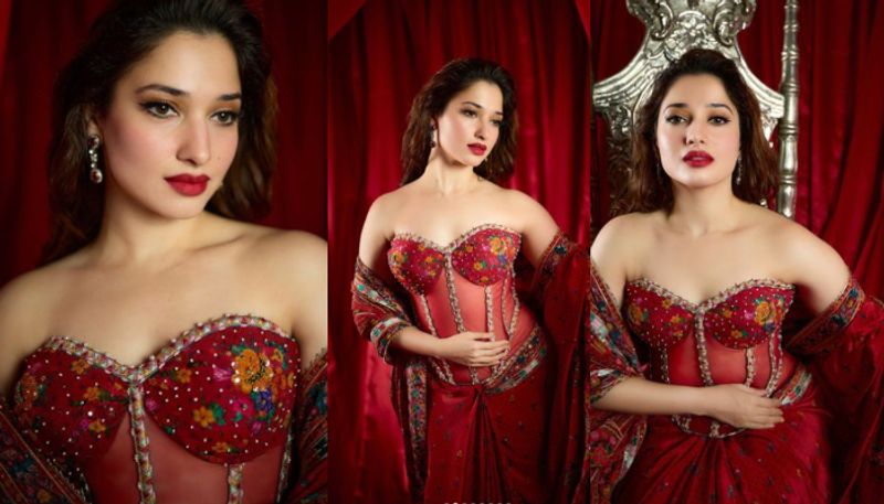 Tamannaah Bhatia in dark red outfit photos viral 