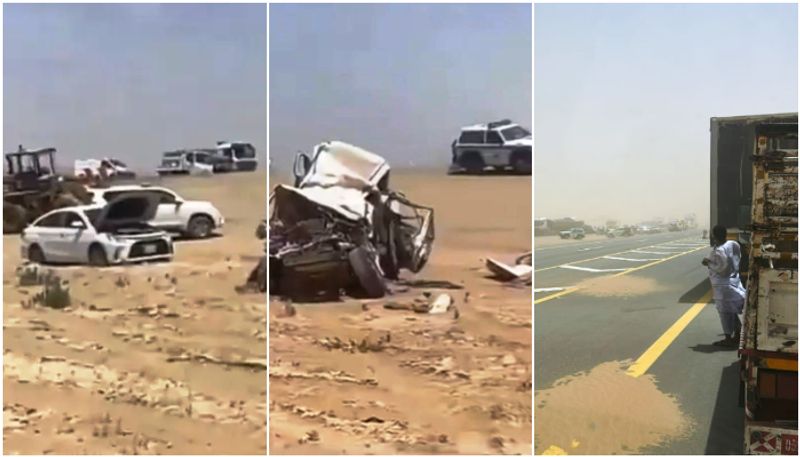 four died and 13 vehicles collided due to strong dust storm in saudi arabia 