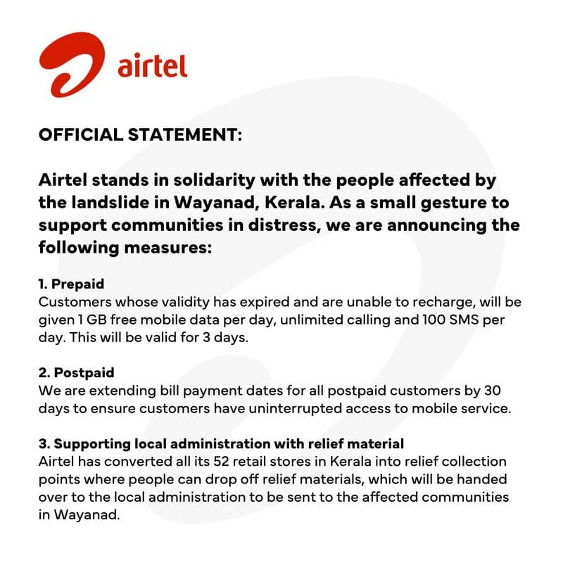 Airtel announced offers for suffering people in wayanad ans