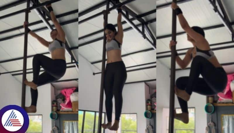 Kannada Actress Megha Shetty hard workout in Gym then she climb pillar like spider Man sat