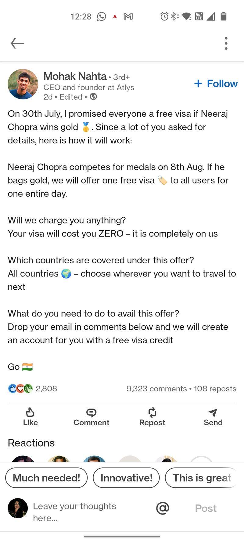 Paris Olympics 2024 'It's not colour of medal, but...': Indian-origin CEO honours free visas promise after Neeraj Chopra's silver snt