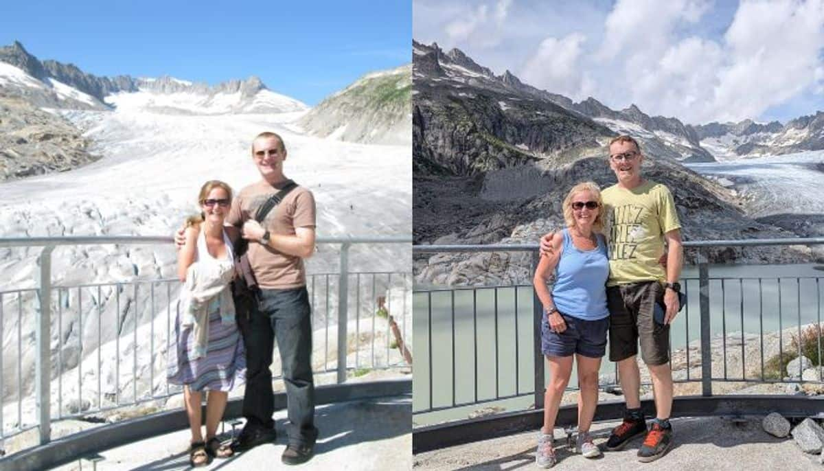 These two photos in front of same switzerlands rhone  glacier 15 years apart show devastating impact of climate change mrq