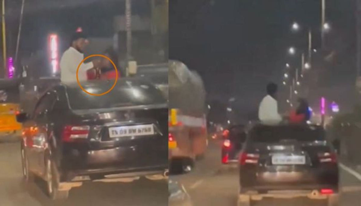 Chennai couple open sunroof drink alcohol on moving car video viral  mrq