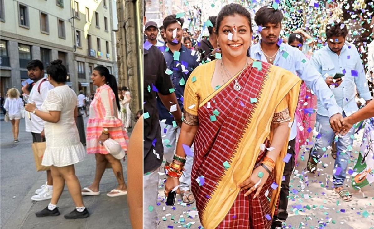 Andhra Pradesh Formers Minister RK Roja spotted with short dress in Italy trip ckm