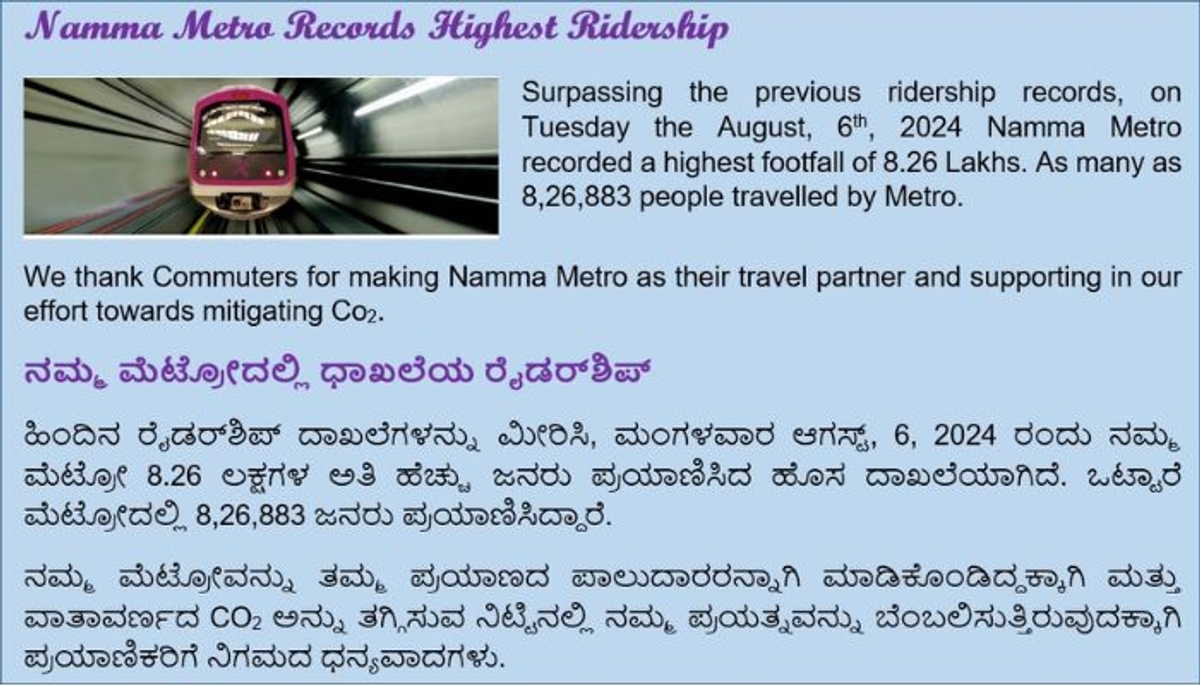 Bengaluru Namma metro breaks records with over 8.26 lakh commuters in single day on August 6 vkp