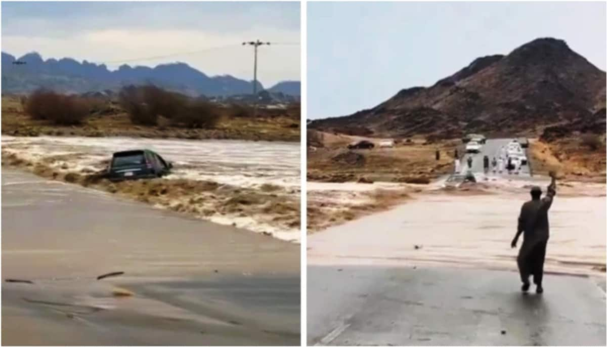 car trapped in flood as heavy rain hit saudi 