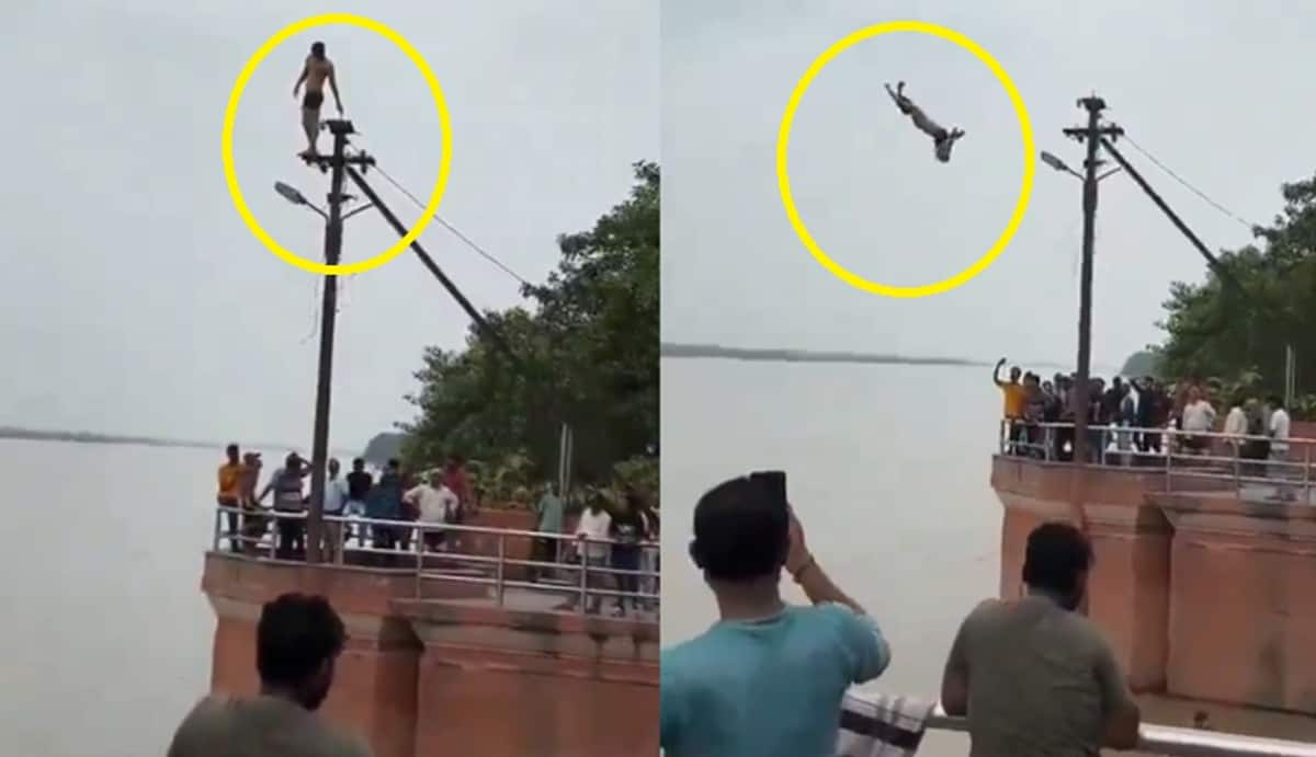 Man jump ganga river after climbing electric pole for reels in kanpur ckm