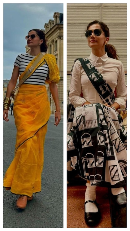 Taapsee Pannu की Style निराली, Striped टी-शर्ट संग आप भी पहनें Saree