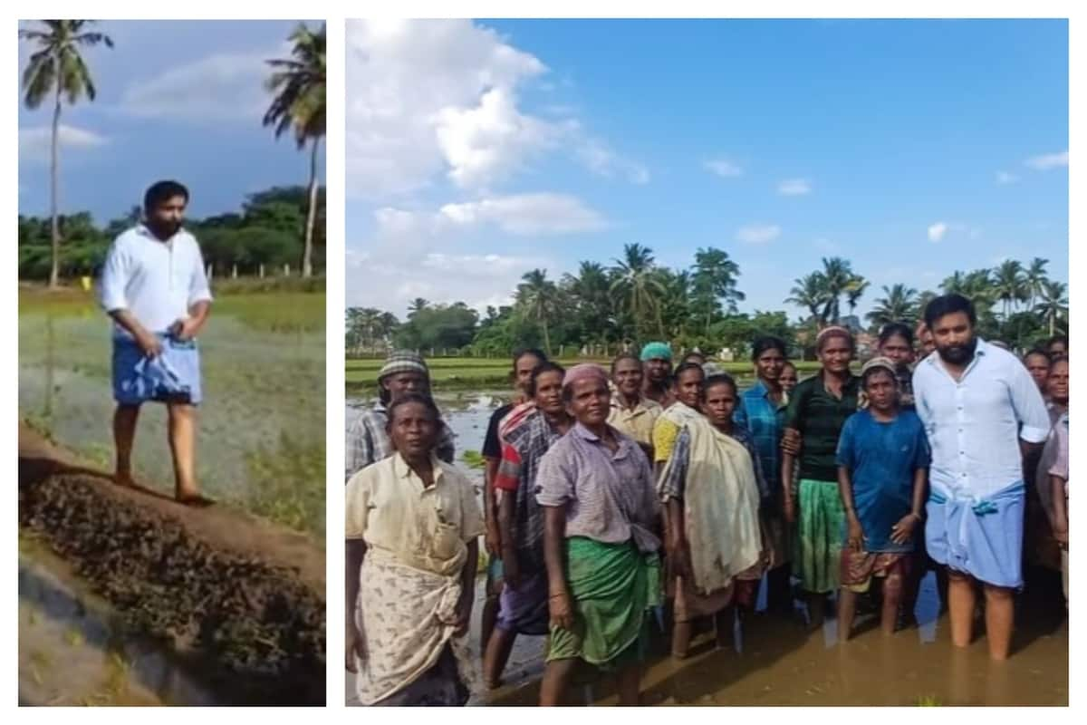 actor sasikumar sharing a picture with agriculture labourers in madurai vel