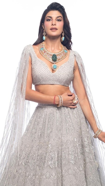<p>शिमरी लहंगे के साथ जैकलीन फर्नांडीज का स्लीवकट ब्लाउज डिसेंट लुक दे रहा है। आप भी सोबर लुक में स्टाइलिश दिखना चाहती हैं तो मेटेलिक नेकलेस संग इसे रिक्रिएट करें। </p>
