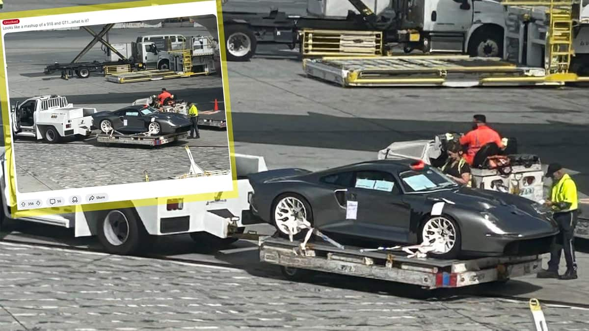 A mysterious Porsche car on top of a trailer truck at LAX airport look like a fighter jet 