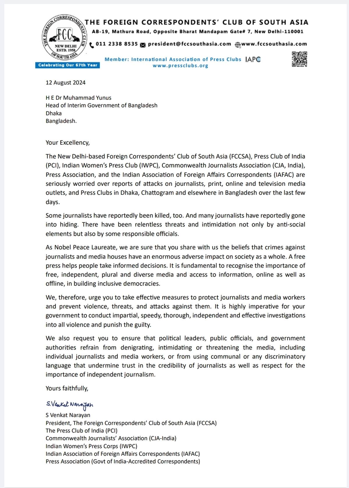 Protect journalists Indian press groups' appeal to Muhammad Yunus amidst rising attacks in Bangladesh read letter snt