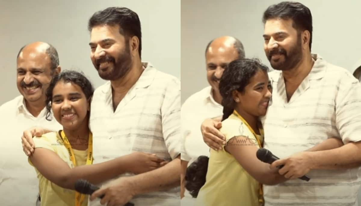 mammootty gives a hug to a child fan of him at amma dance workshop 