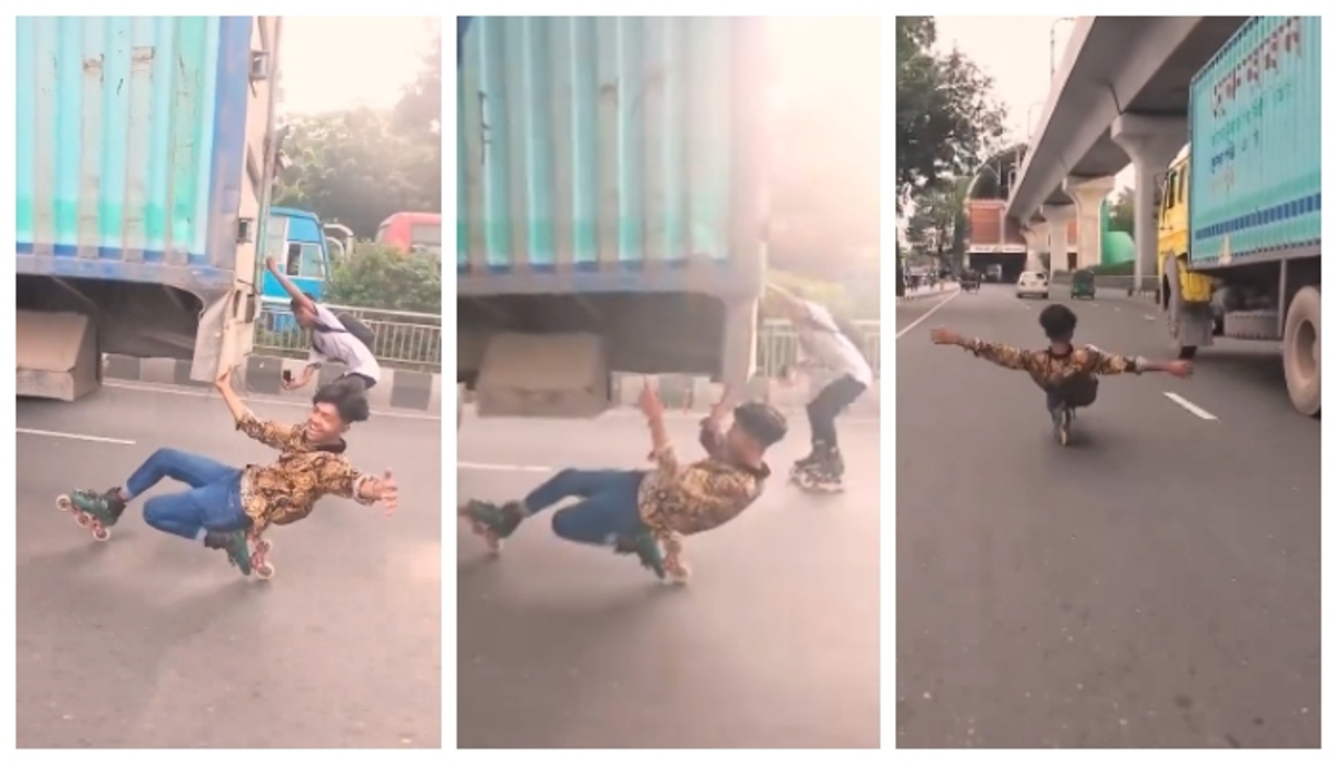 Video of children skating by holding the back of a moving truck goes viral 