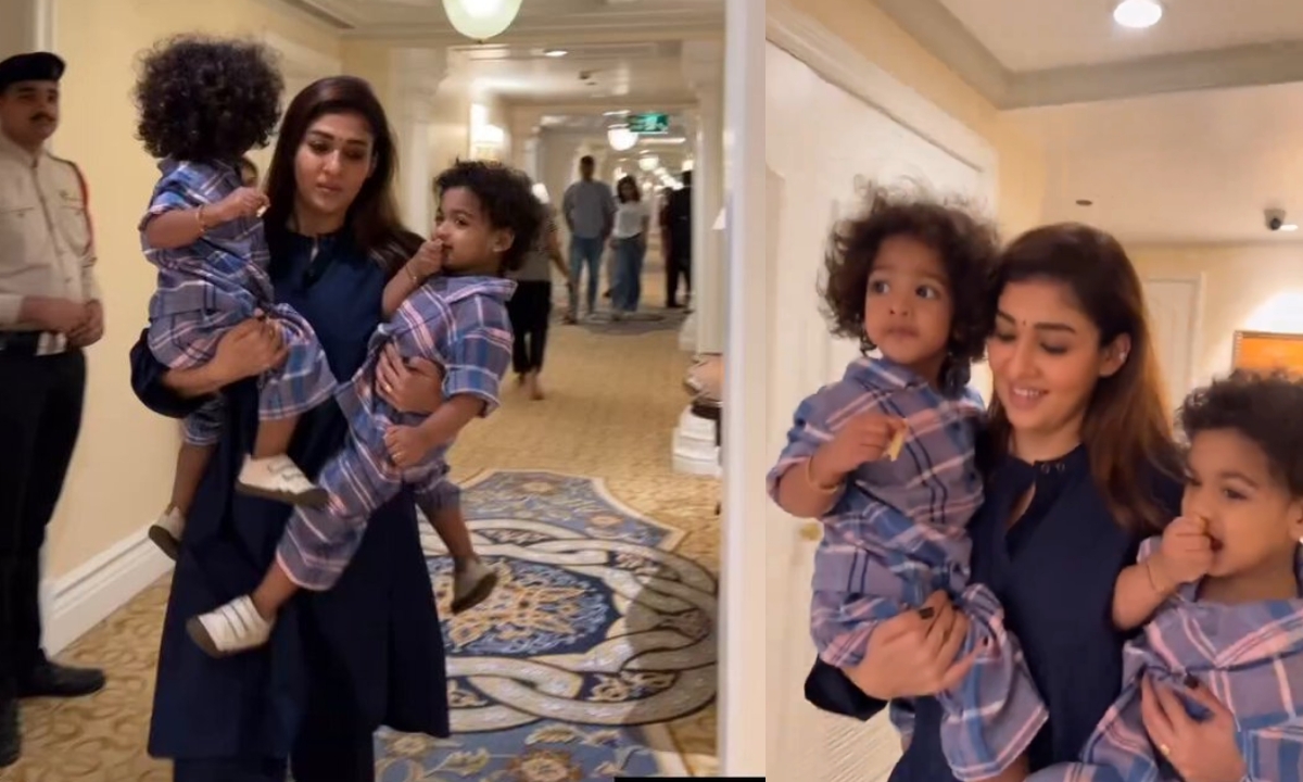 Nayanthara carrying kids and had a jolly walk in hotel viral video gan