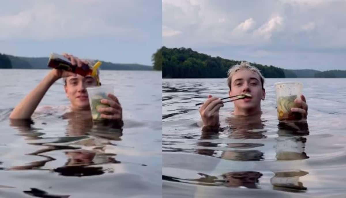 food vlogger makes cucumber salad while swimming 