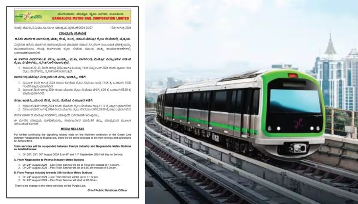 Bengaluru Service disruption along Green Line metro from tomorrow due to signalling tests Read on vkp