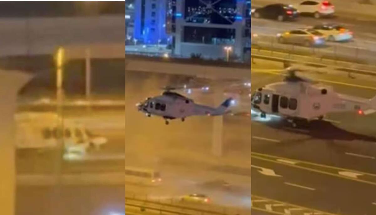 viral video of helicopter landed on Sheikh Zayed Road to rescue injured person 