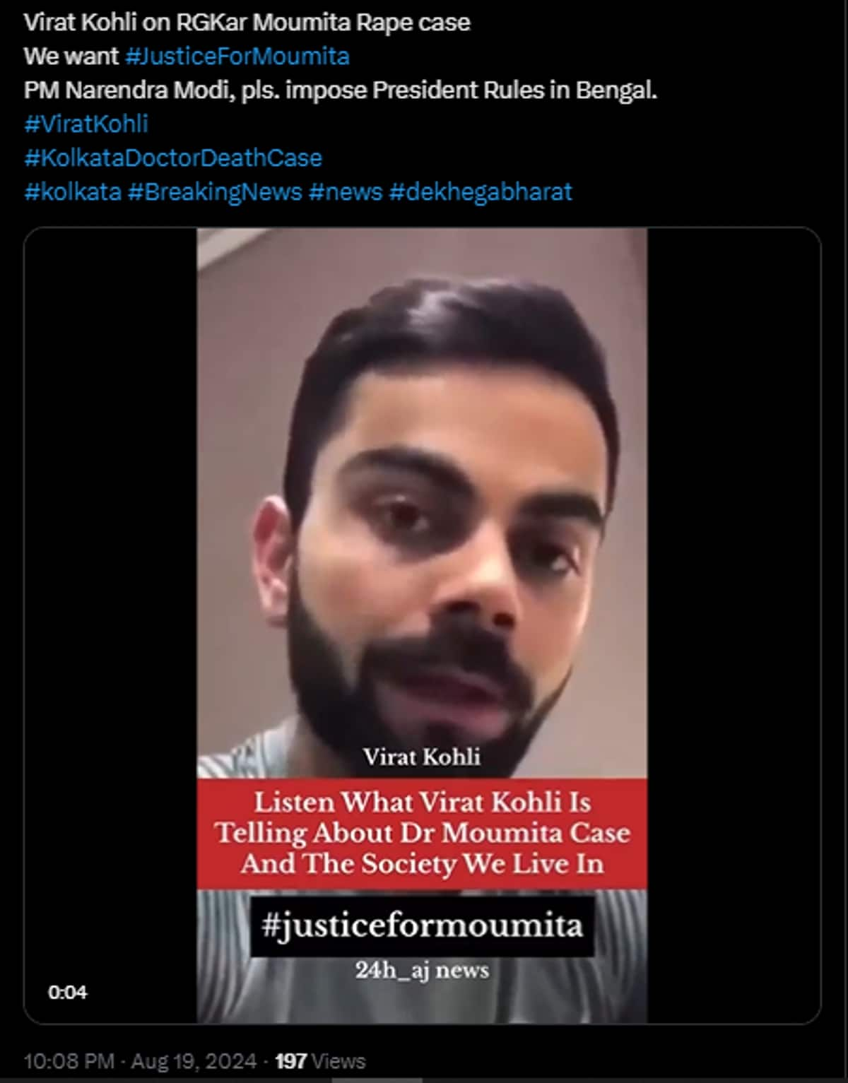 video of Virat Kohli talks about the Kolkata medical college rape murder case is fake fact check