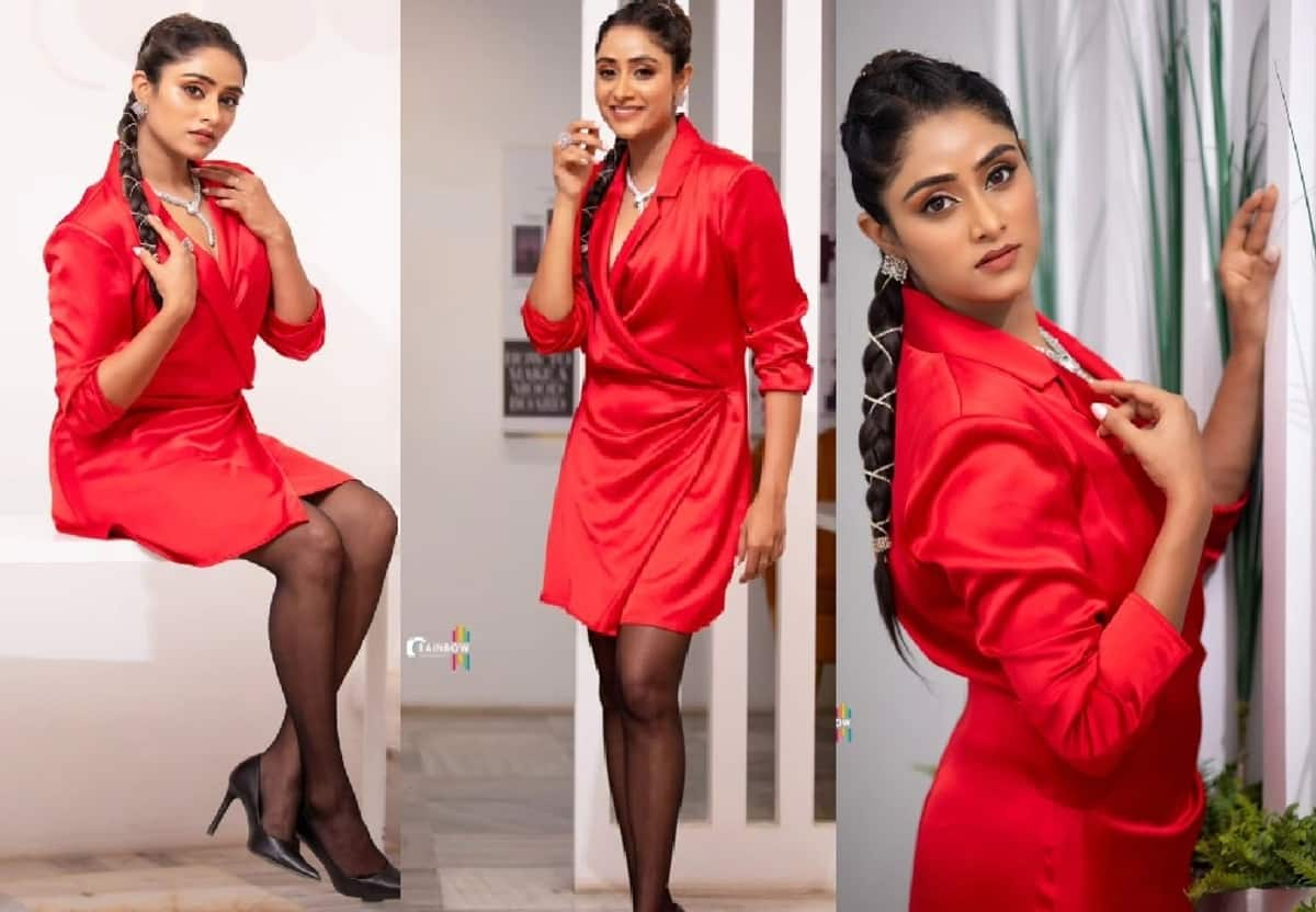 Sangeetha Sringeri looks hot in red velvet blazer dress pav