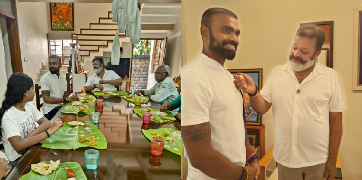 Union Minister Suresh Gopi welcomed Olympian Sreejesh and his family with a feast