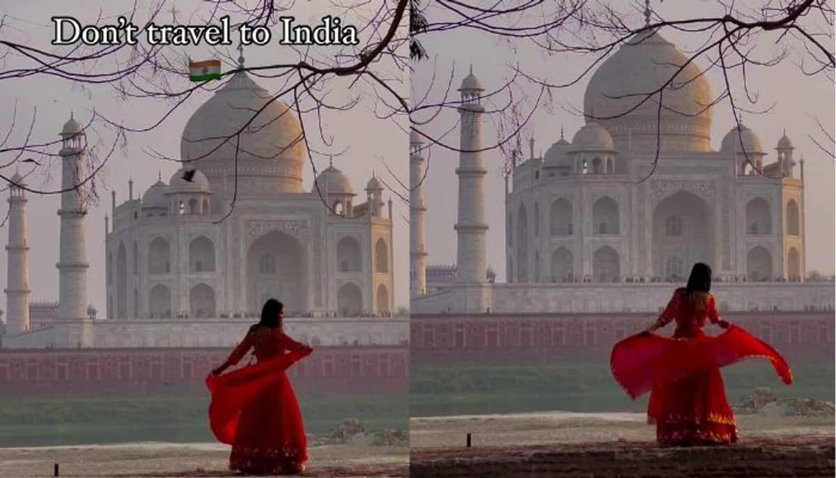 foreigner woman-wears-red-lehanga-in-front-of-taj-mahal-writes-dont-come-in-india her instagram mrq