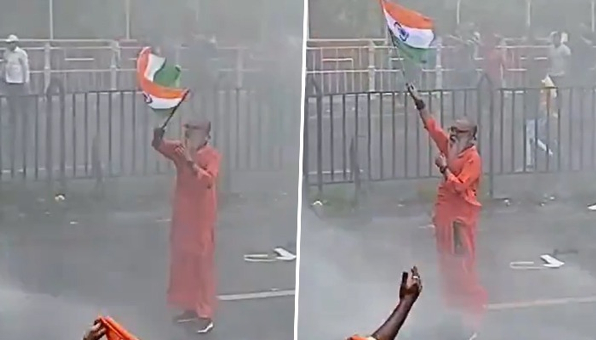 Nabanna Abhijan rally: Sadhu braving water cannon, waving India flag becomes symbol of Kolkata protest (WATCH) snt