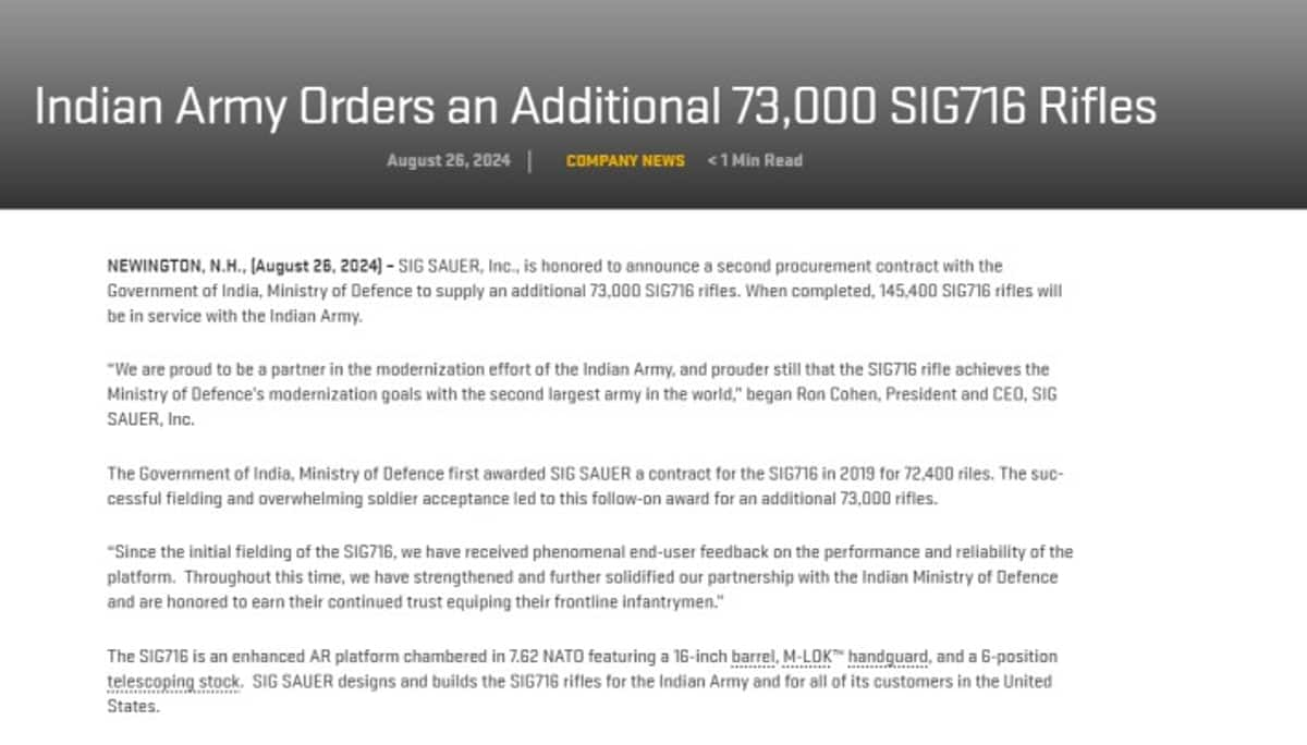 Defence Ministry signs Rs 800 crore deal for 73,000 SiG716 SIG SAUER rifles, boosting Indian Army modernization snt