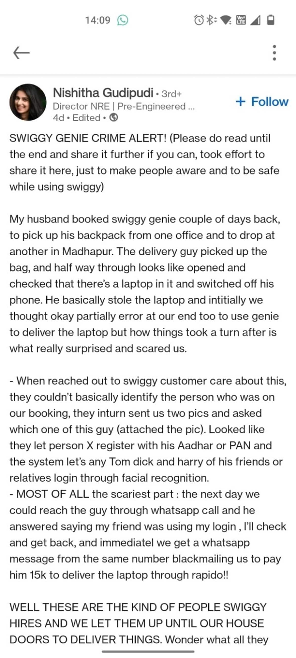 Hyderabad woman claims Swiggy Genie agent stole laptop, demanded Rs 15,000 ransom; read viral post shk