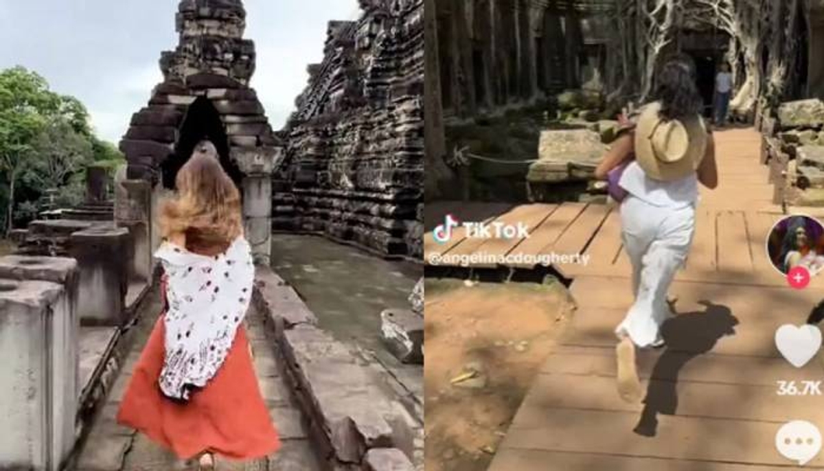 reenacting of temple run game in unesco world heritage site Angkor Wat 