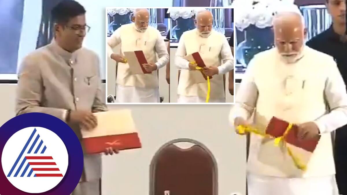 PM Modi wins heart after place ribbon into his pocket during supreme court 75 year stamp unveiling ckm