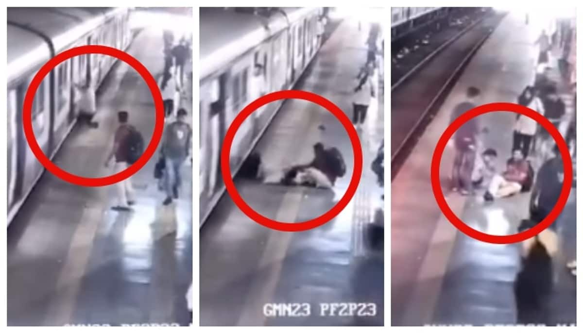 video of a policeman miraculously escaping a man who stumbles and falls under a running train has gone viral on social media 