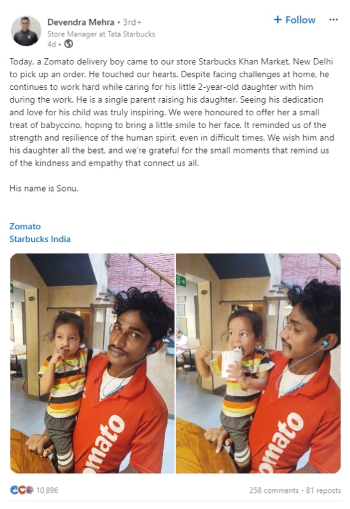 social media post about Single Father who goes for Zomatos delivery with his two year old daughter goes viral 