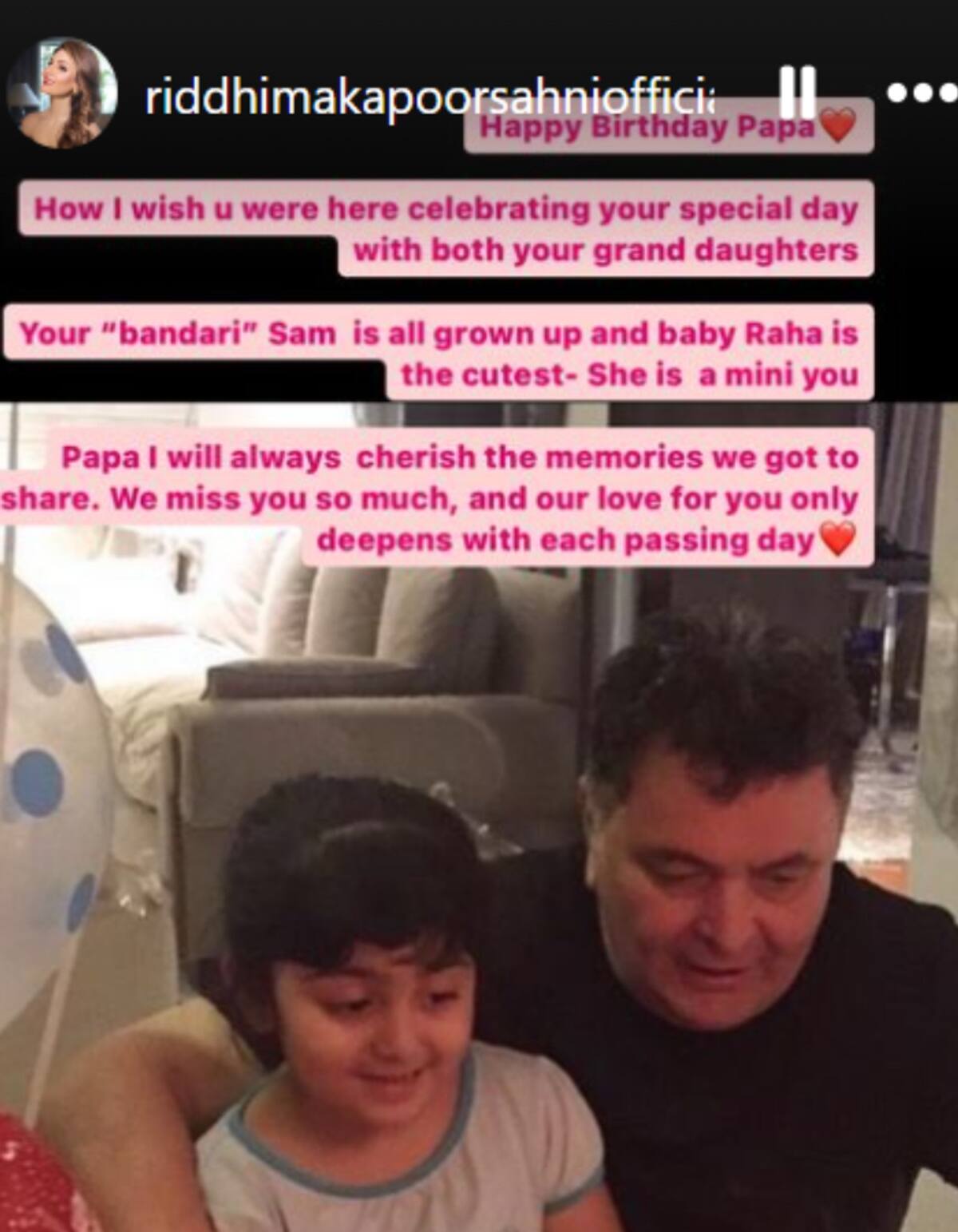 Baby Raha is mini you...', Riddhima Kapoor pens heartfelt birthday note for late father Rishi Kapoor; Read ATG