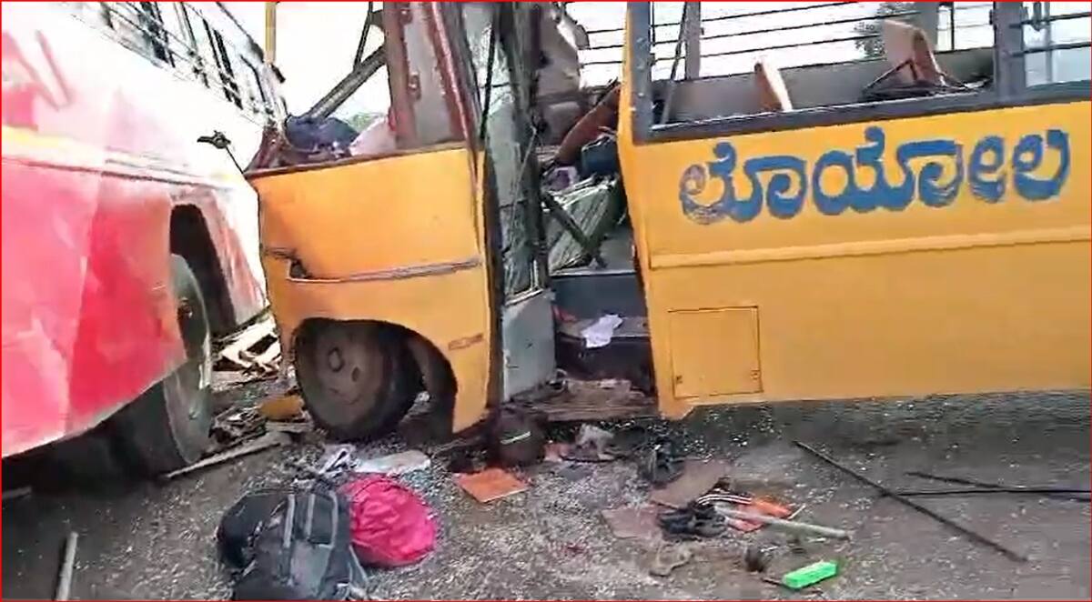 terrible accident between a transport bus and school bus in kapgal at manvi taluku raichur district rav