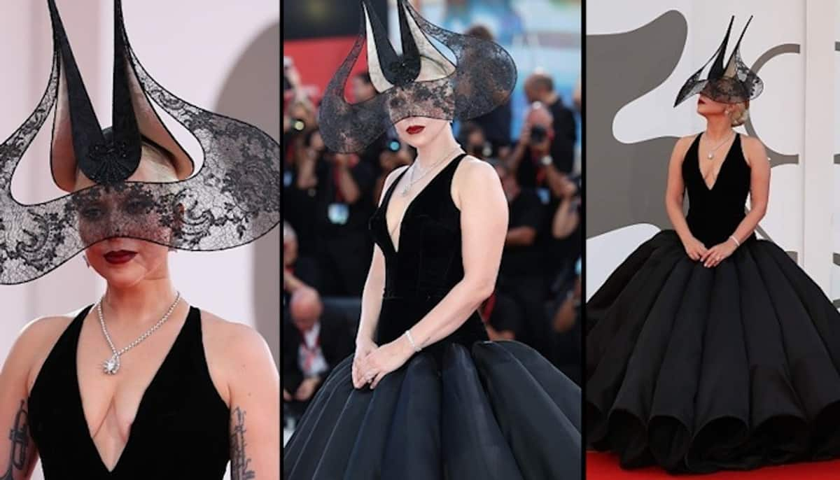 Lady Gaga Photos Joker actress shows off her goth side wearing dramatic headpiece black Dior gown RBA