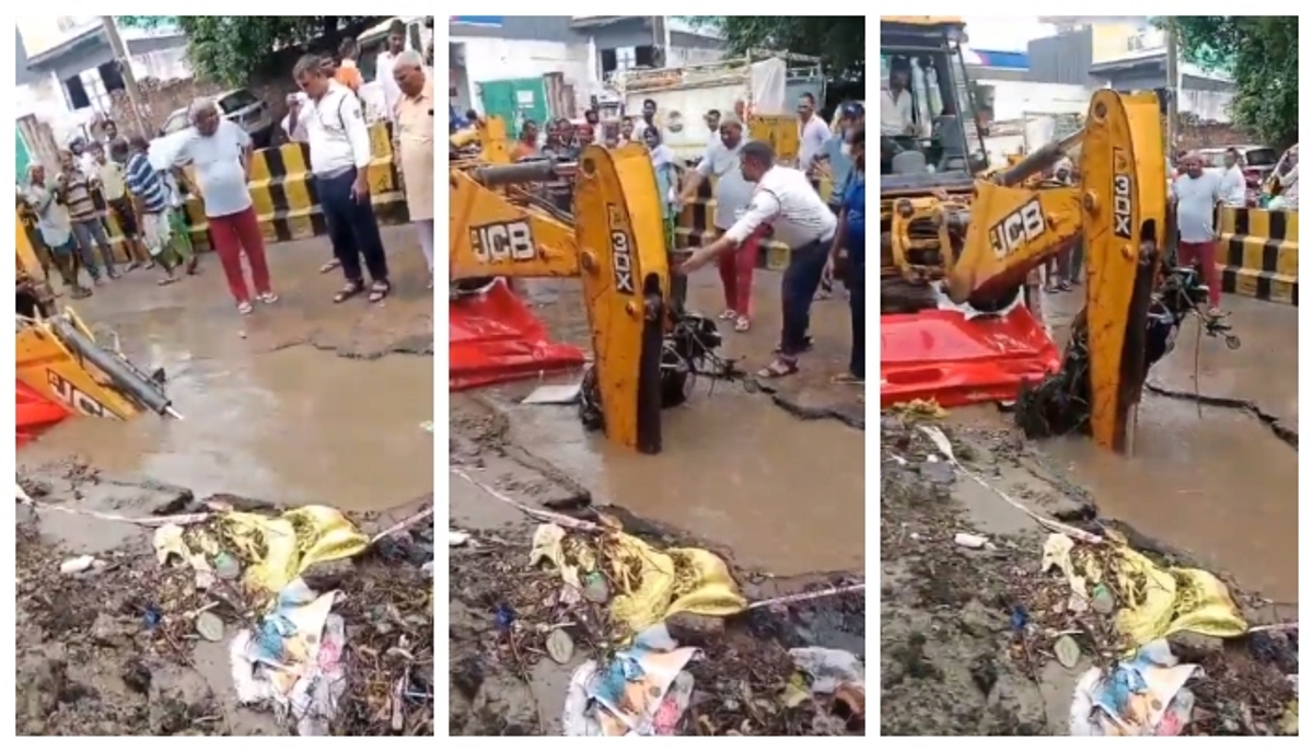 Video of bike falling into pothole on road being lifted with JCB goes viral