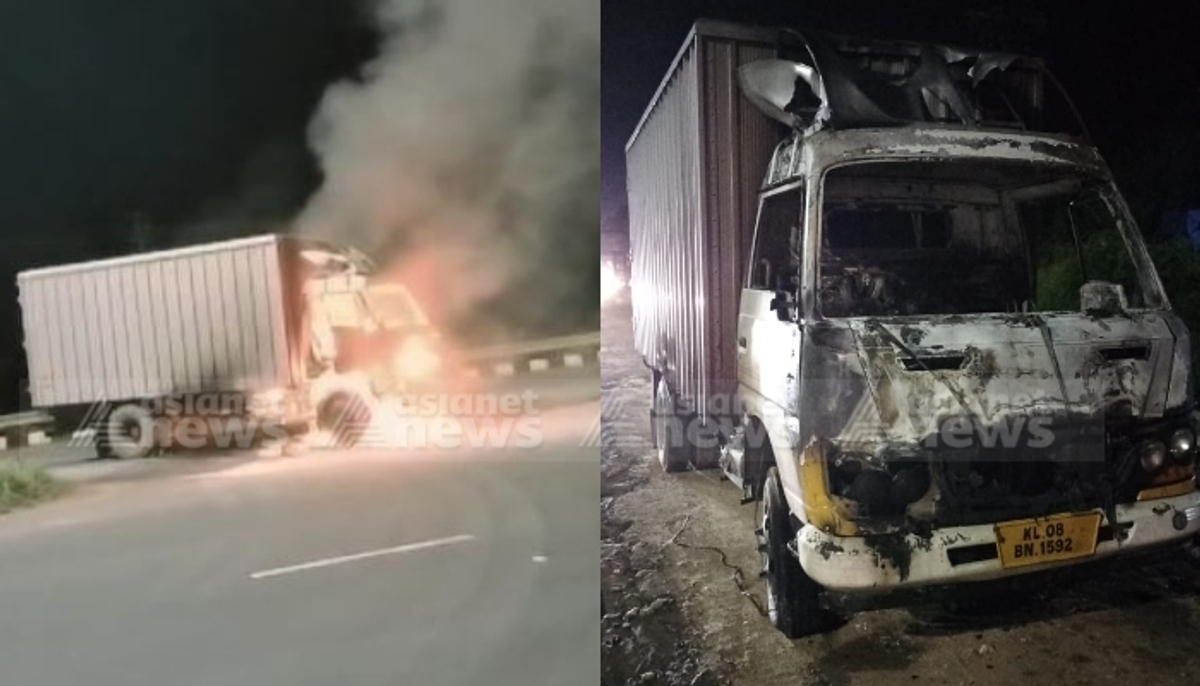 Innova car crashed into a lorry on the national highway and the lorry caught fire; The driver of the vehicle ran away 