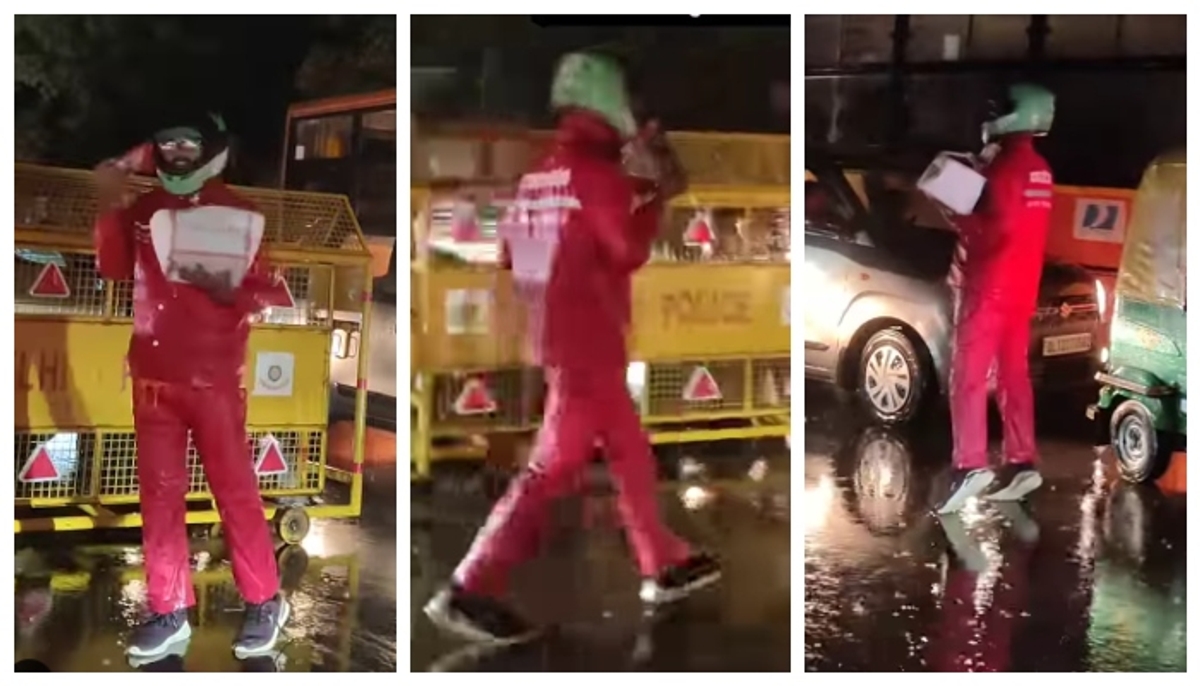 delivery agent walking in the rain at night to place an order received during a traffic jam video viral in social media