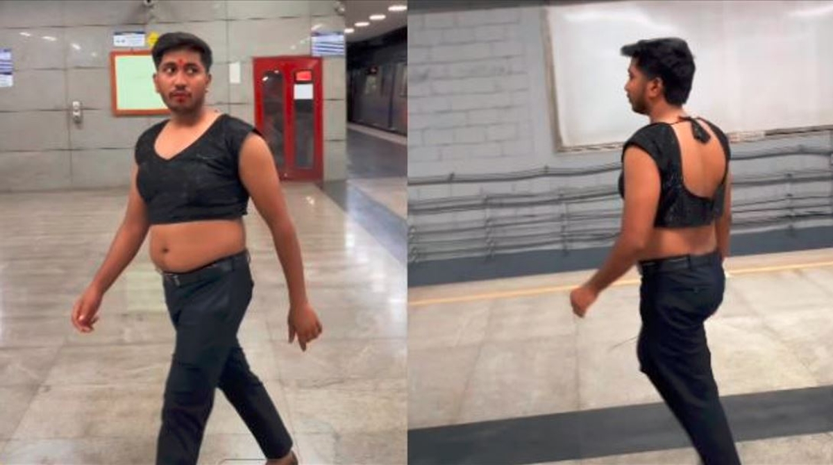 lipstick bindi deep neck blouse cross dressed man walks in delhi metro station video viral akb