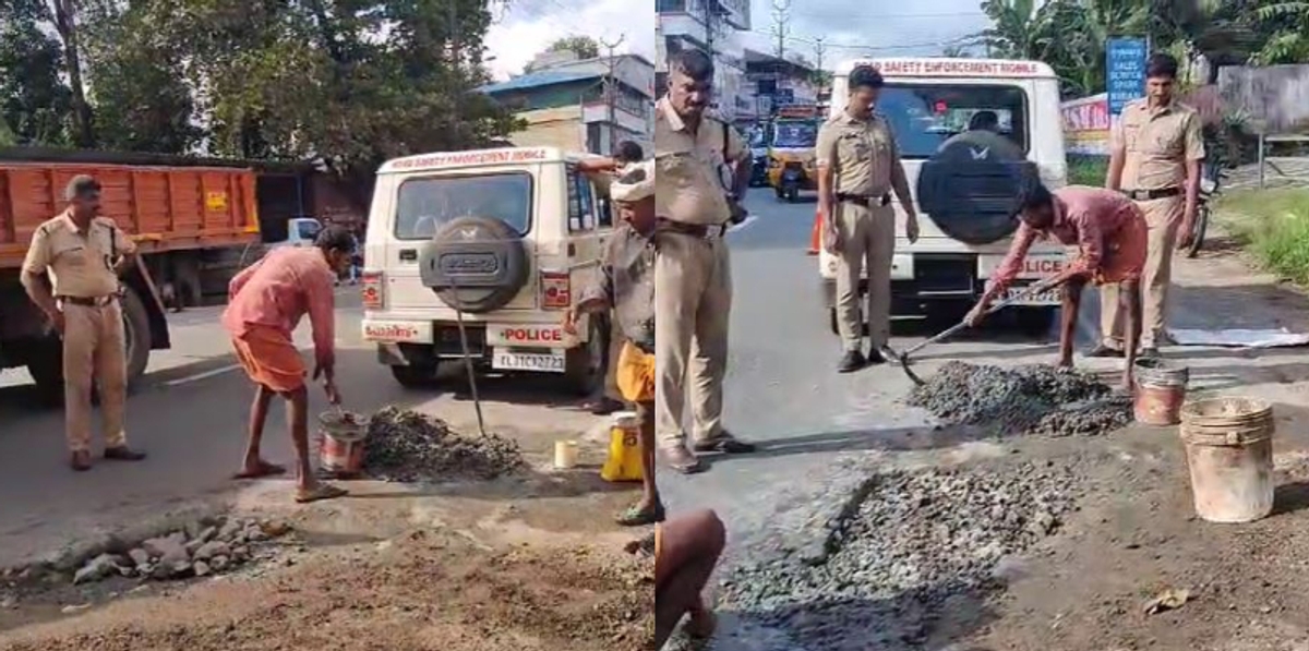 traffic police concreted the broken road in Pathanamthitta