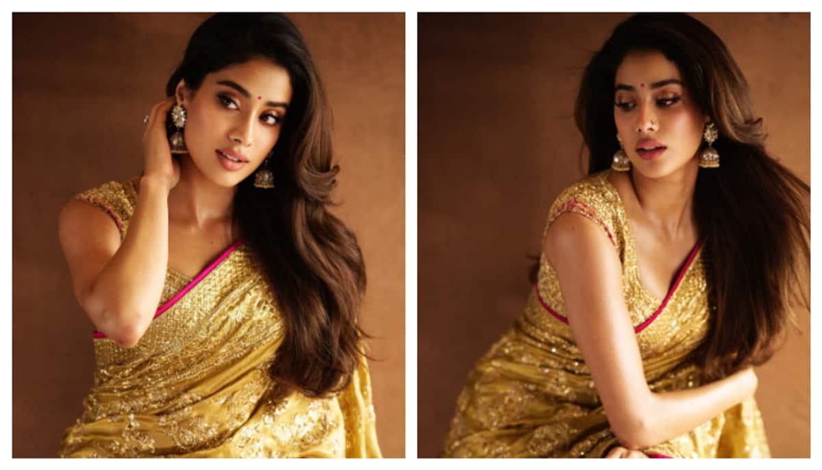 Actress Janhvi Kapoor Stuns in Golden Kanjivaram Saree for Devara Trailer Launch gvd