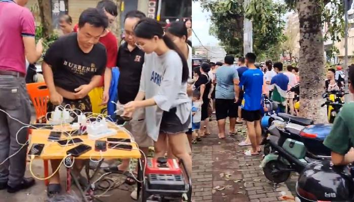 after typhoon yagi hit people queue up to charge mobile phone viral video 