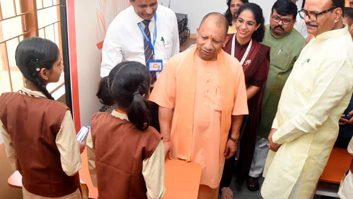 CM Yogi interacts with students at Atal Awasiya Vidyalaya in Lucknow AKP