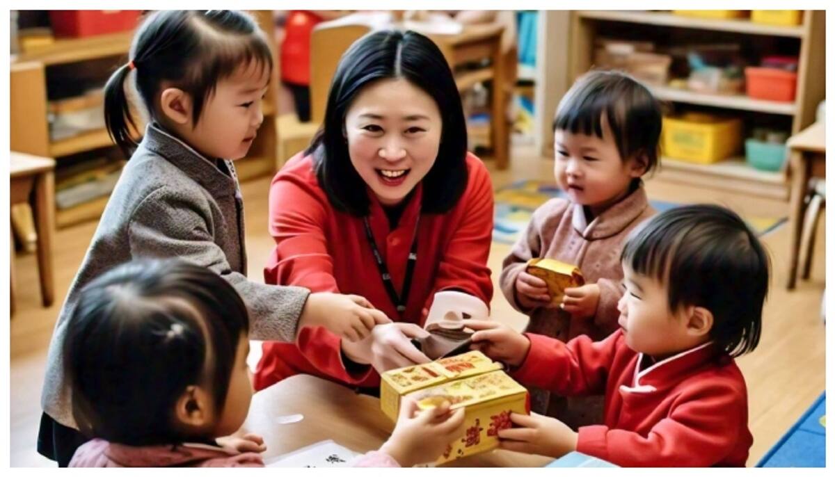 Chinese Nursery students give some chocolate to the teacher