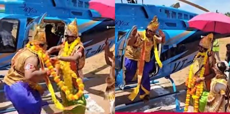 Mahabali arrives by helicopter in coimbatore for college onam celebration 