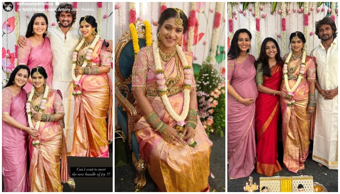 pregnant neha gowda attends kannada actor chandan wife actress kavitha gowda baby shower gow