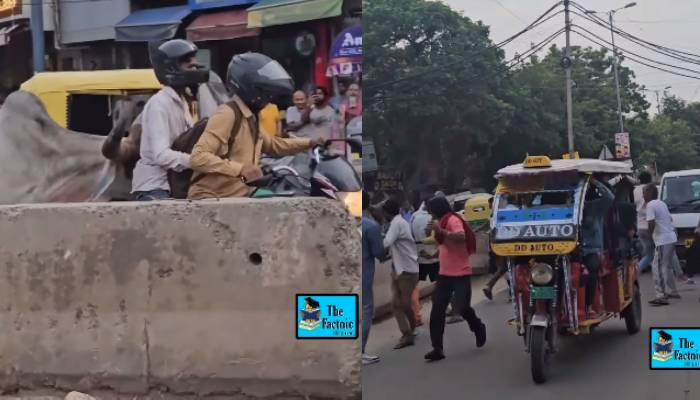 a bull pushing two wheeler in delhi road shocking video 