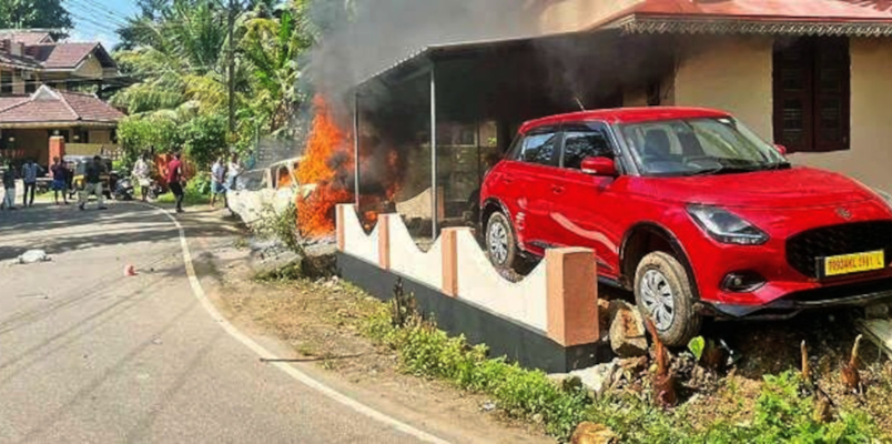 over speeding car breaks wall and ran into car parks inside house compound burn into ashes 