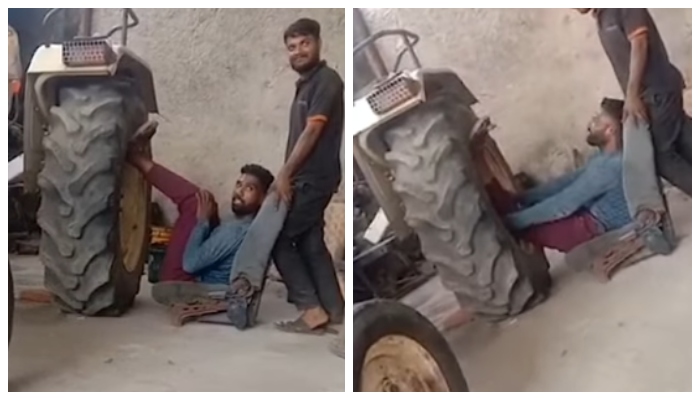 video of a tractor weighing 5 tonnes being broken while trying to lift it with his foot has gone viral in social media